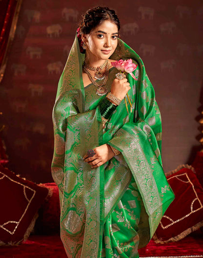 Parrot Green Silk Woven Banarasi Saree