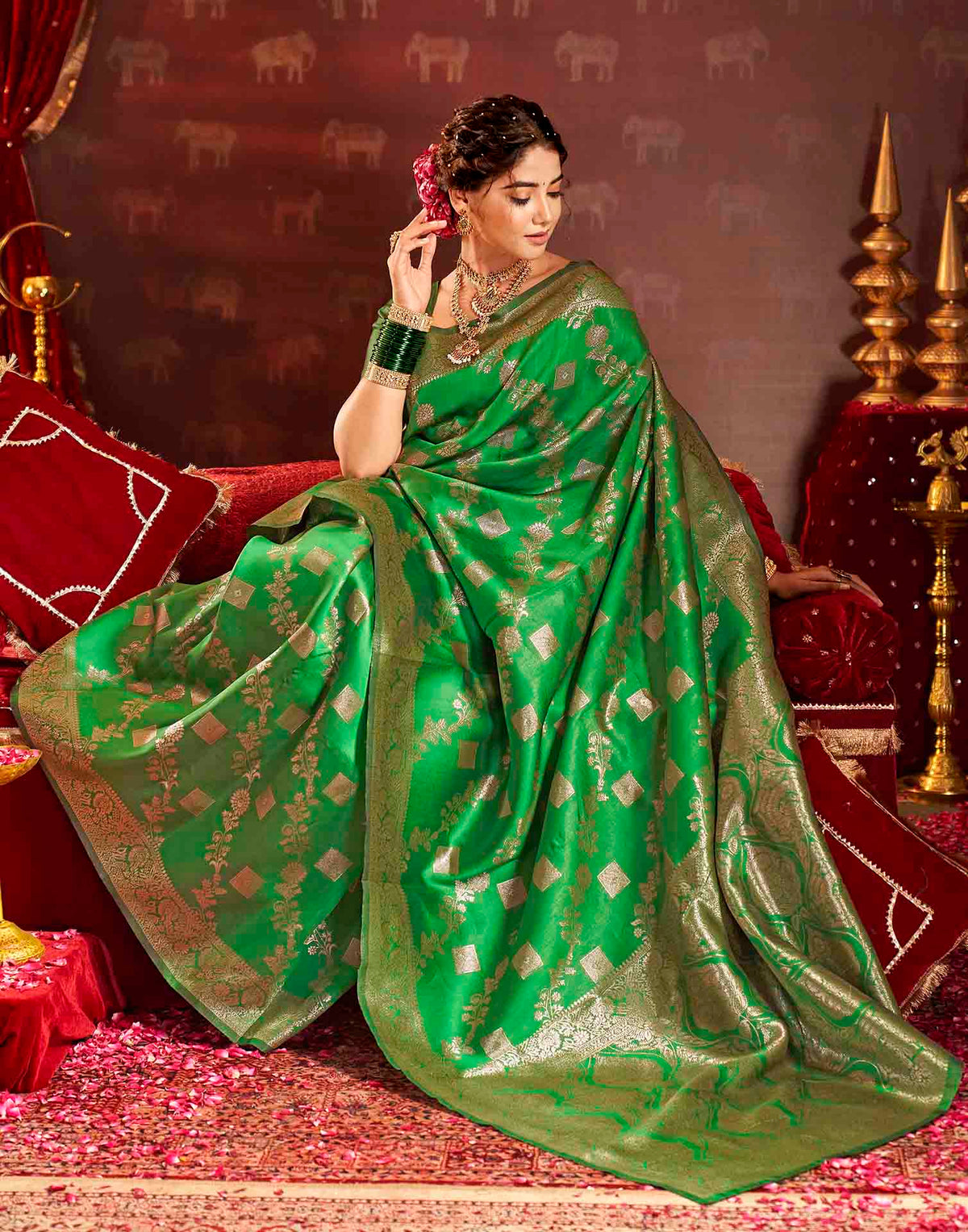 Parrot Green Silk Woven Banarasi Saree