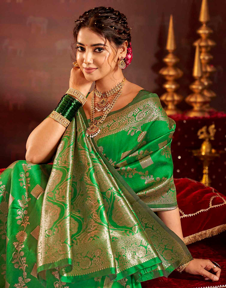 Parrot Green Silk Woven Banarasi Saree