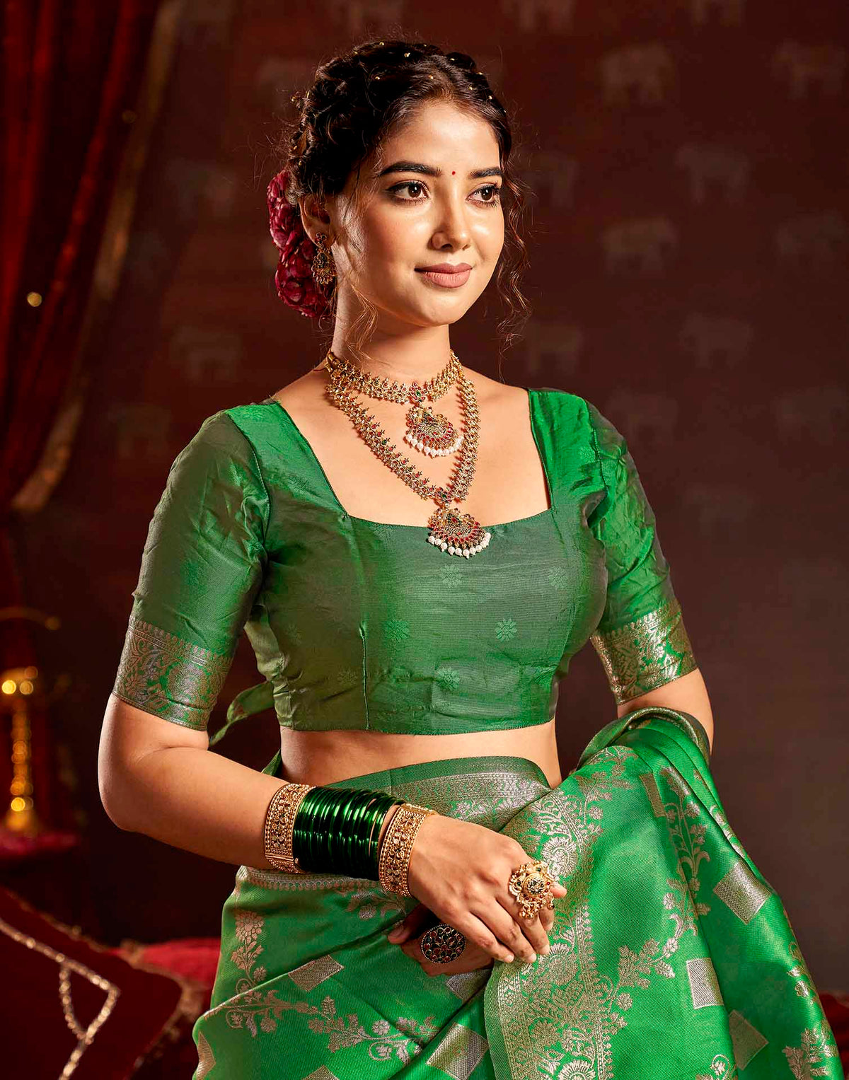 Parrot Green Silk Woven Banarasi Saree