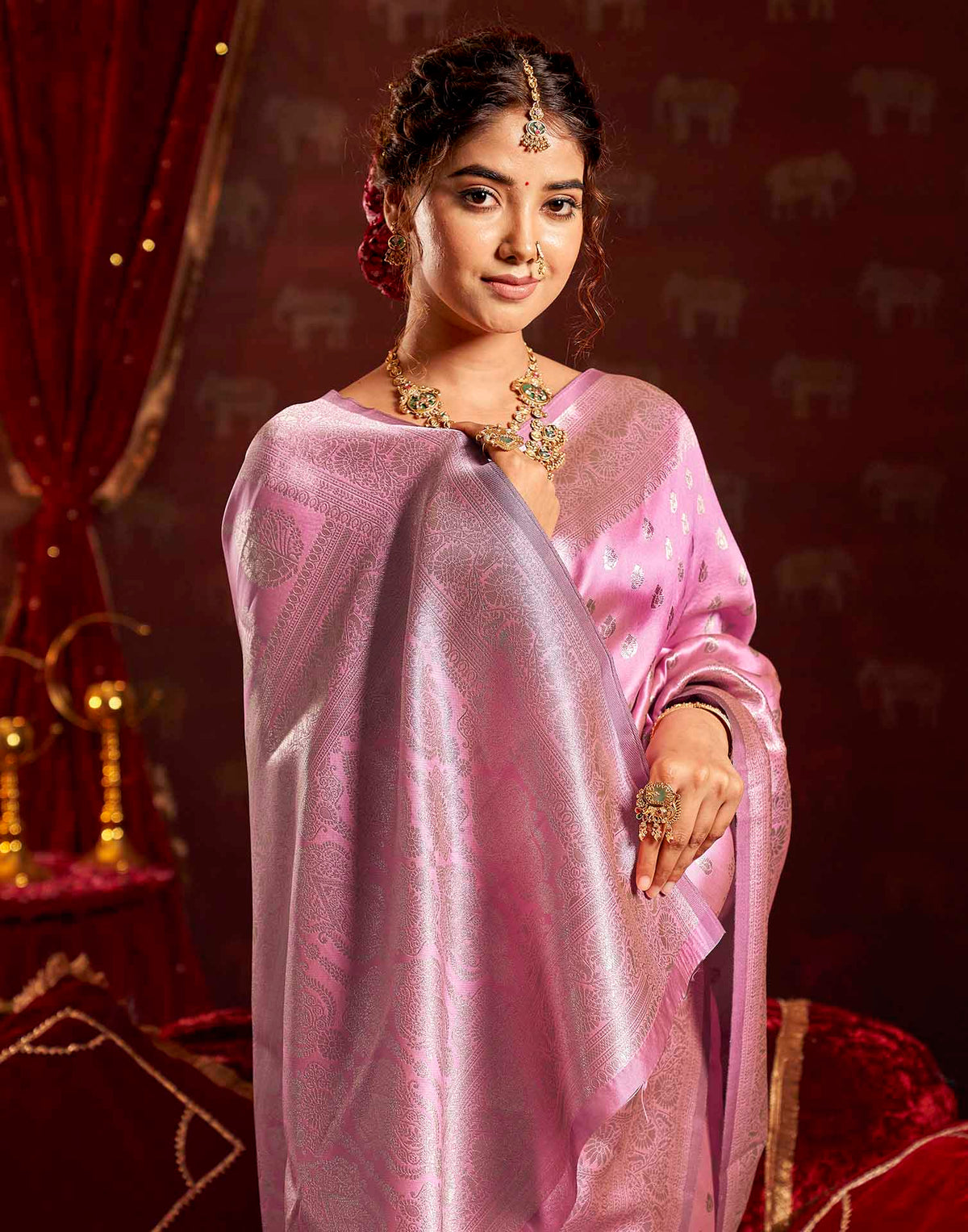 Baby Pink Silk Woven Banarasi Saree