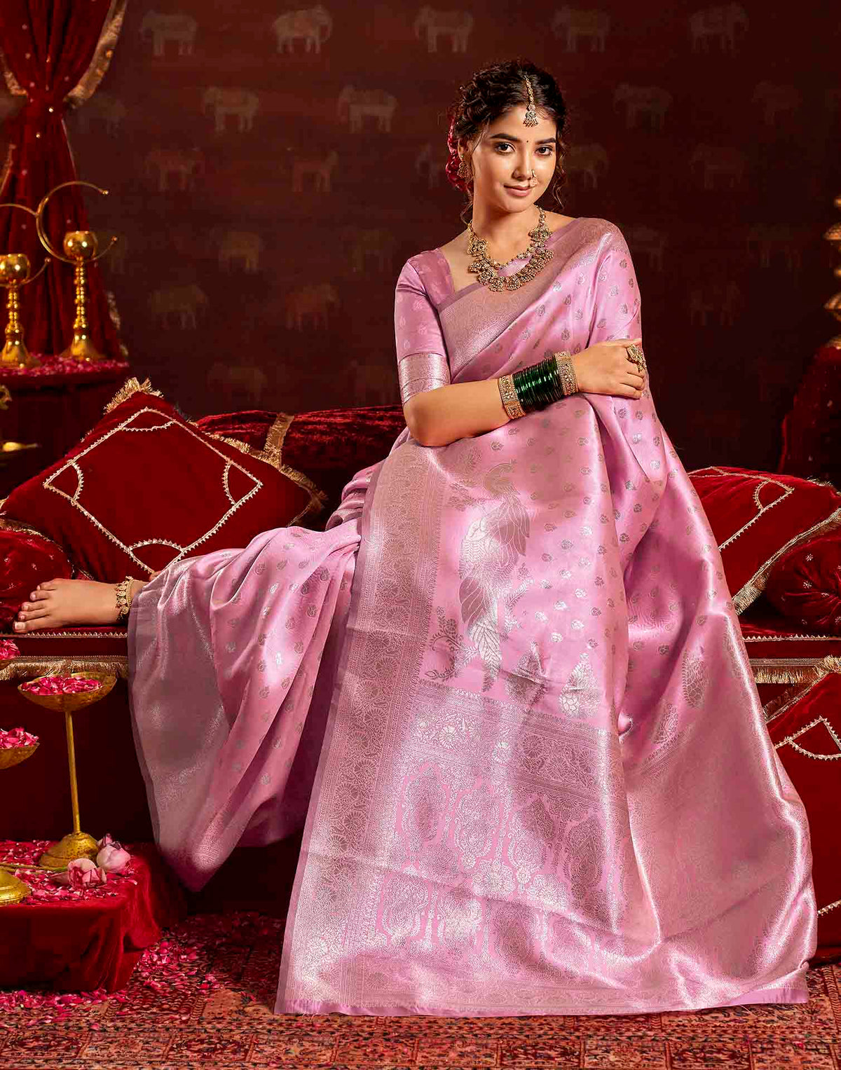 Baby Pink Silk Woven Banarasi Saree