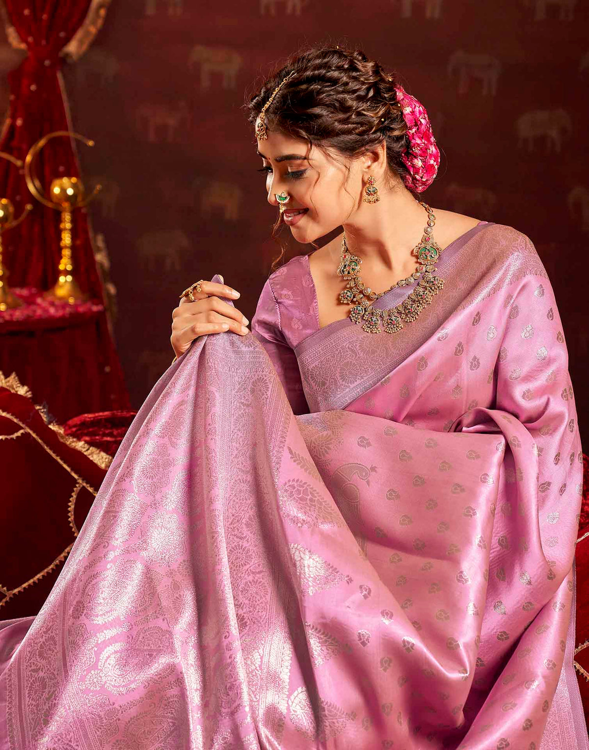 Baby Pink Silk Woven Banarasi Saree