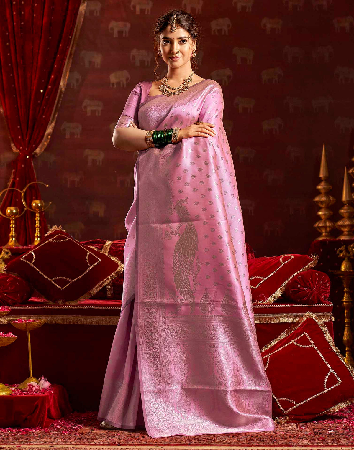 Baby Pink Silk Woven Banarasi Saree