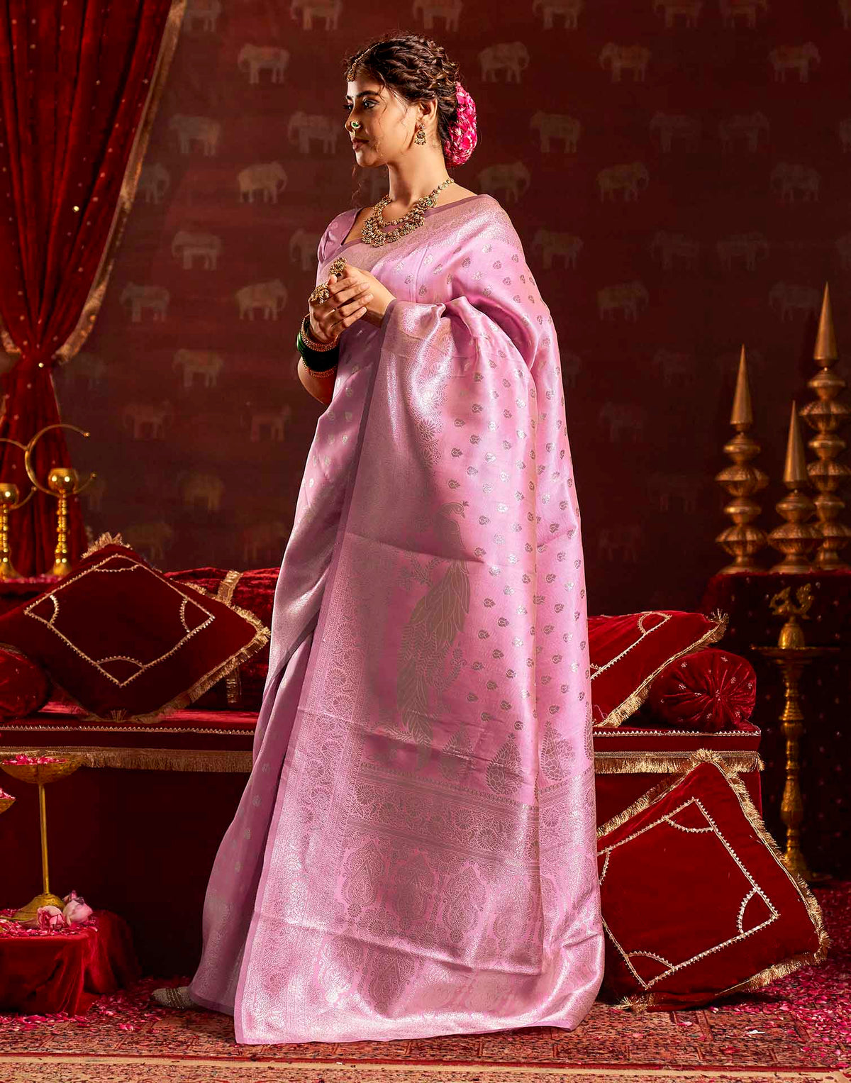 Baby Pink Silk Woven Banarasi Saree