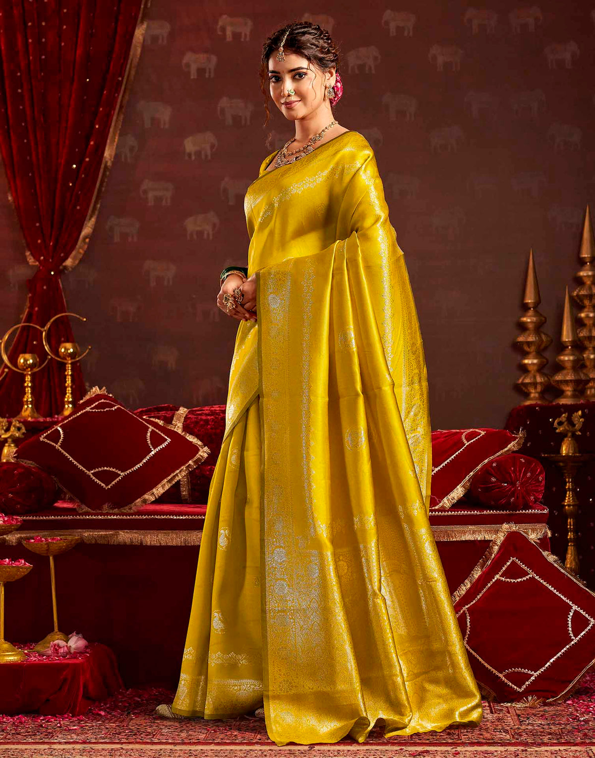 Mustard Yellow Silk Woven Banarasi Saree