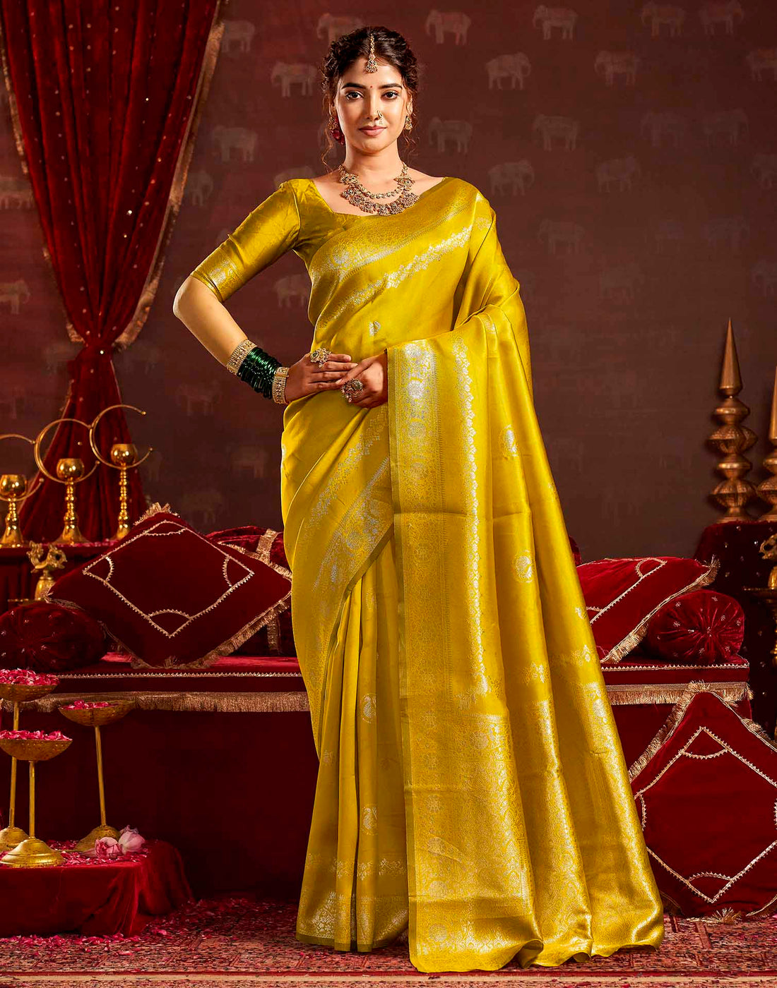 Mustard Yellow Silk Woven Banarasi Saree