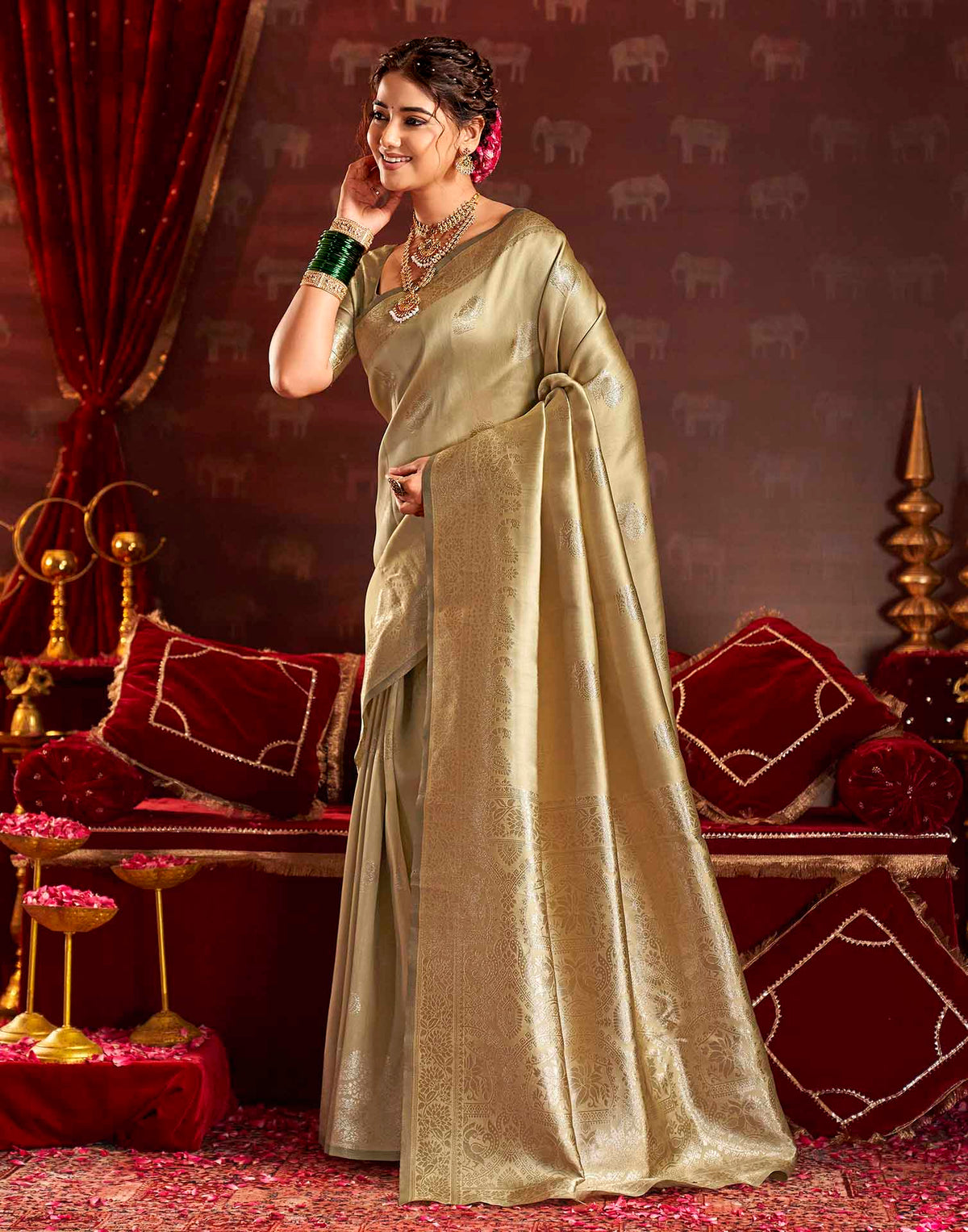 Golden Beige Silk Woven Banarasi Saree