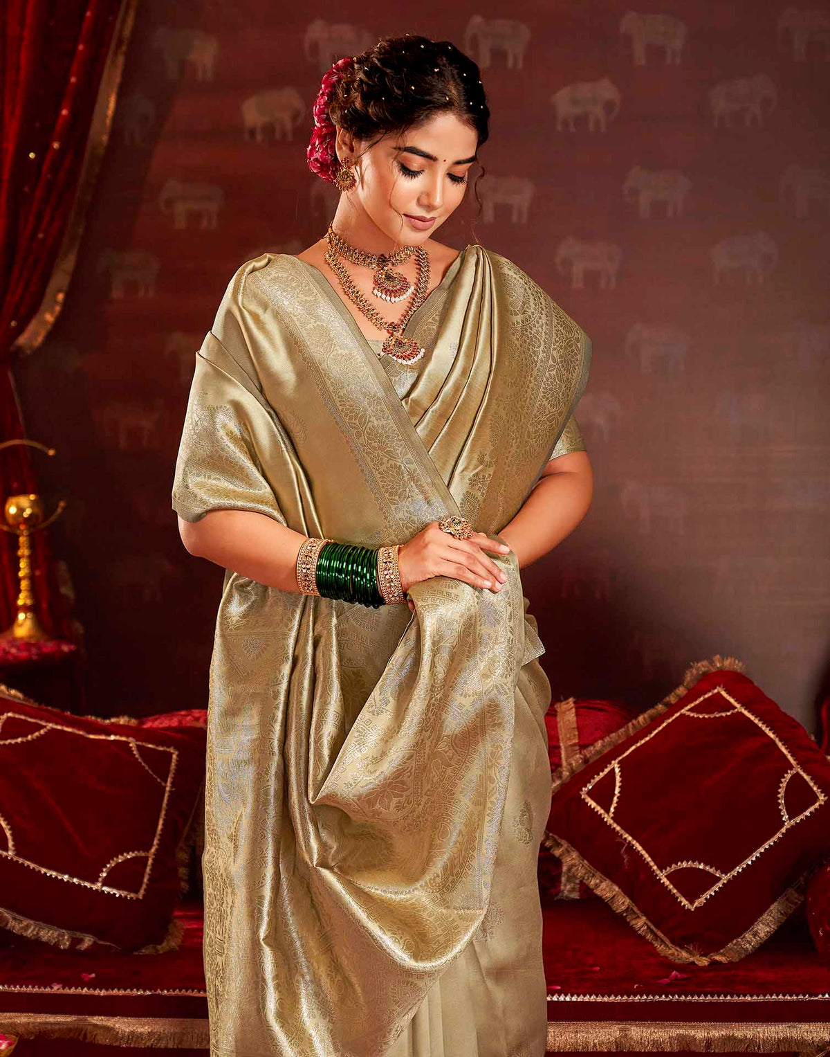 Golden Beige Silk Woven Banarasi Saree