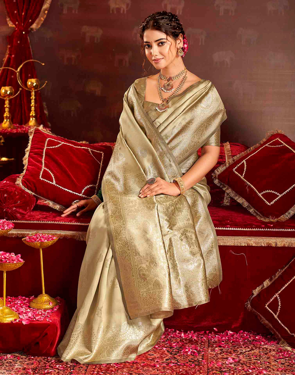 Golden Beige Silk Woven Banarasi Saree