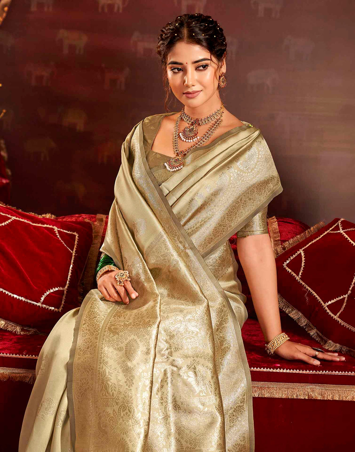 Golden Beige Silk Woven Banarasi Saree
