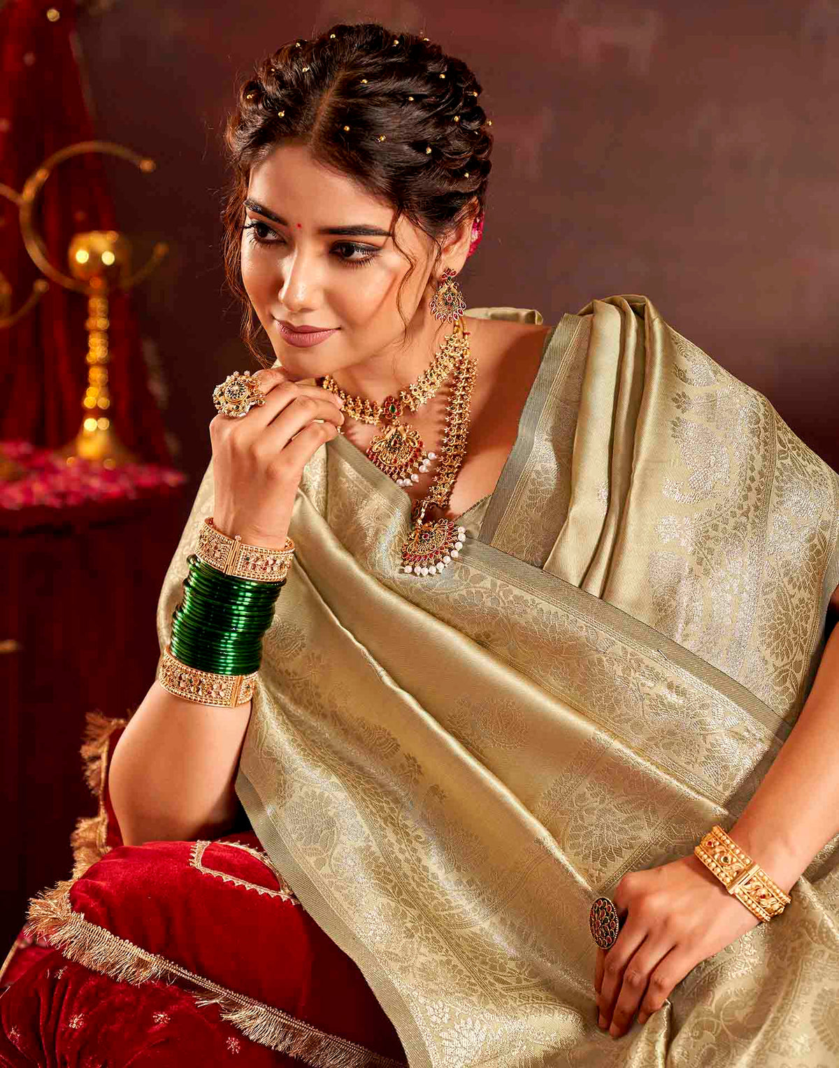 Golden Beige Silk Woven Banarasi Saree