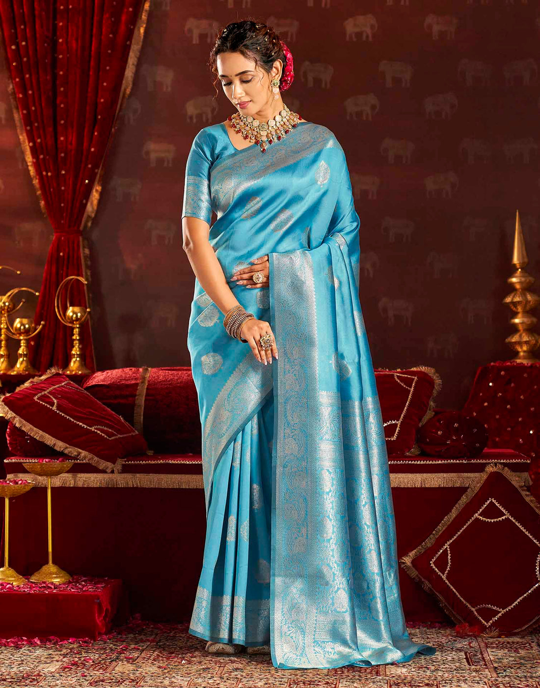 Sky Blue Silk Woven Banarasi Saree
