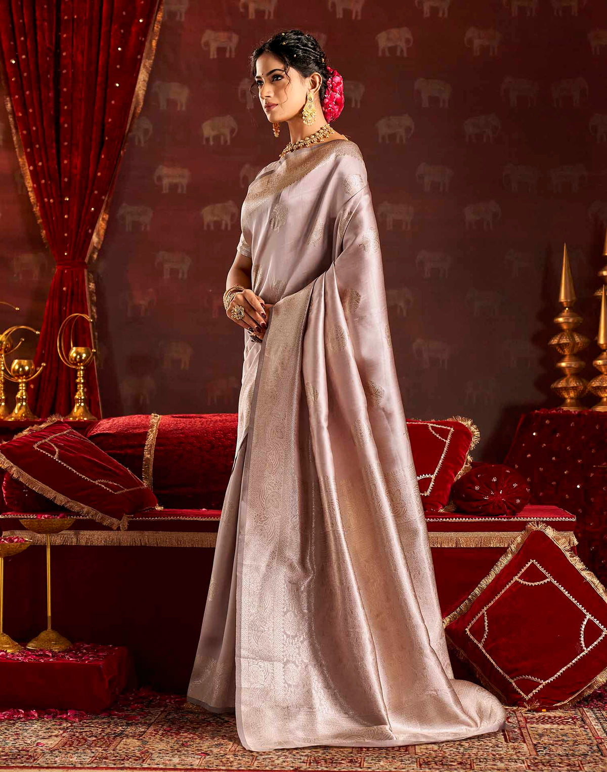 Dusty Grey Silk Woven Banarasi Saree