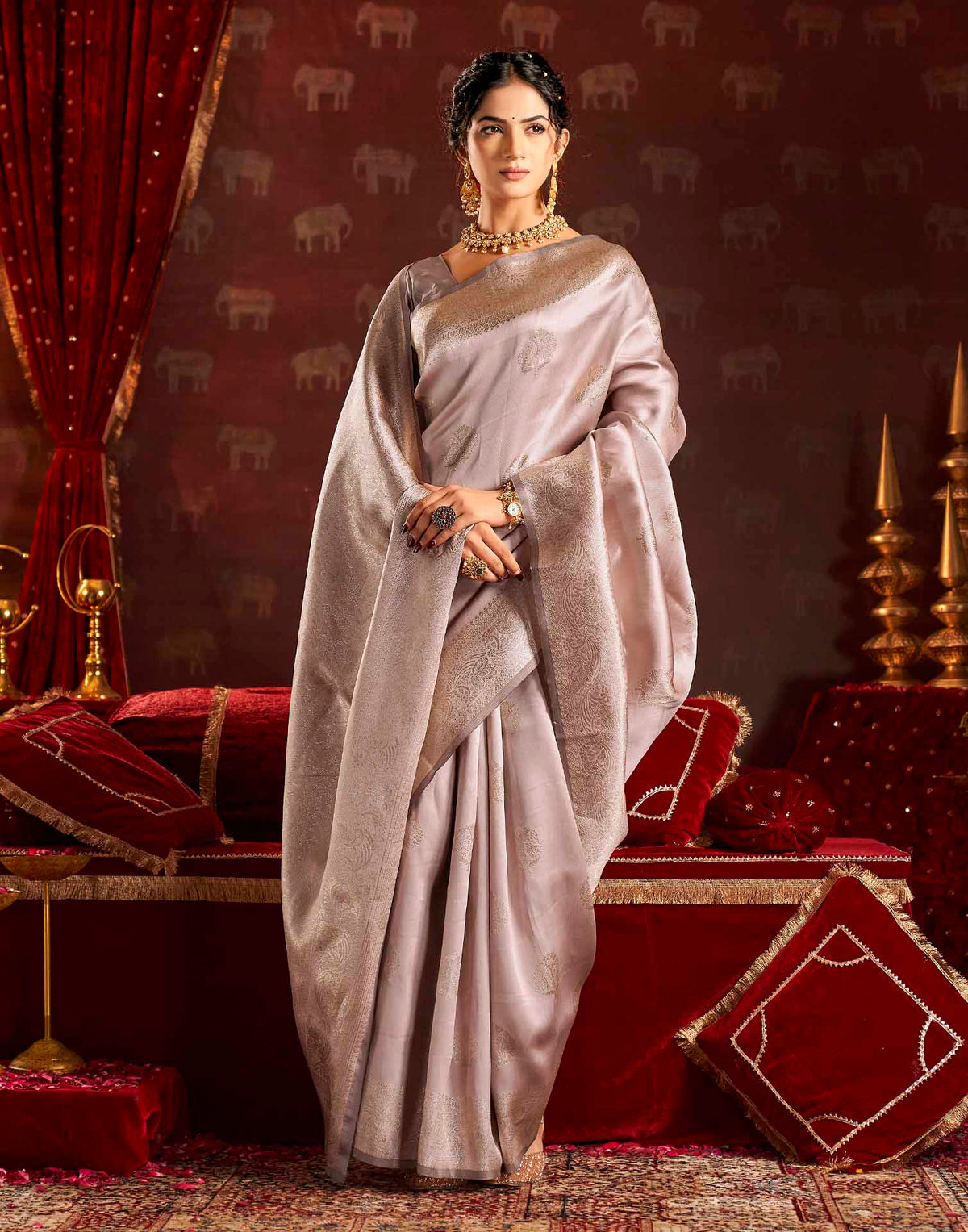 Dusty Grey Silk Woven Banarasi Saree