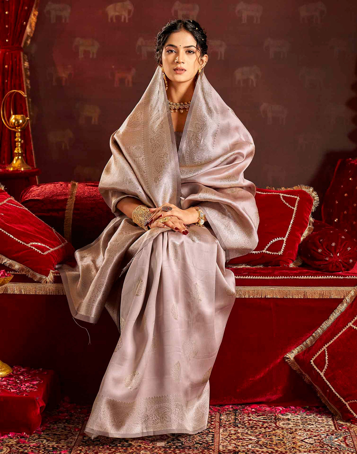 Dusty Grey Silk Woven Banarasi Saree