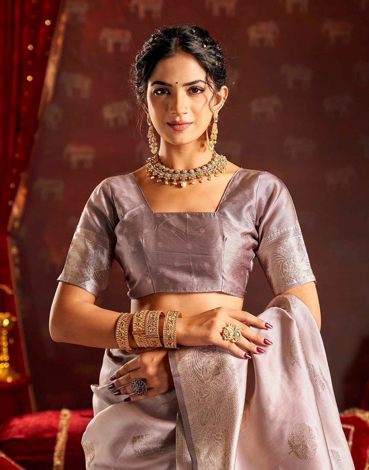 Dusty Grey Silk Woven Banarasi Saree
