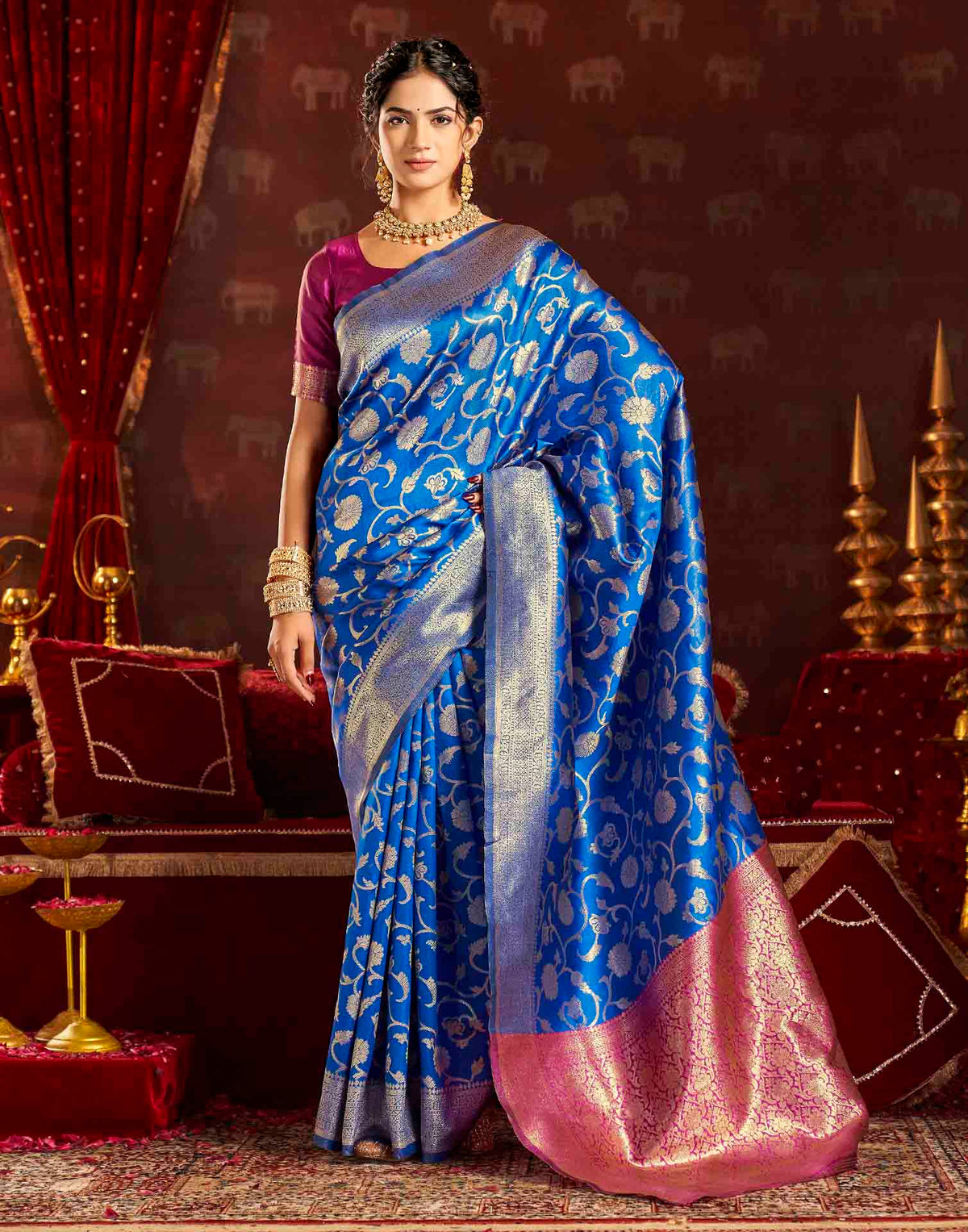 Dark Blue Silk Woven Banarasi Saree