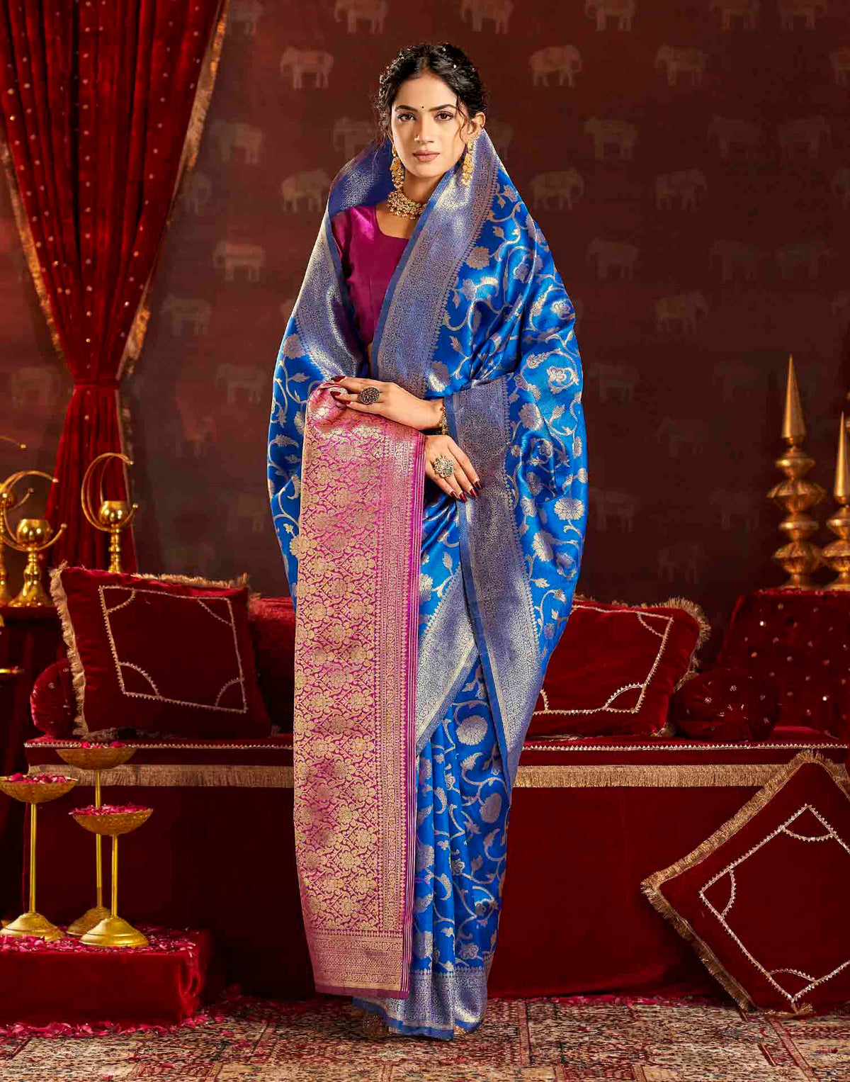 Dark Blue Silk Woven Banarasi Saree
