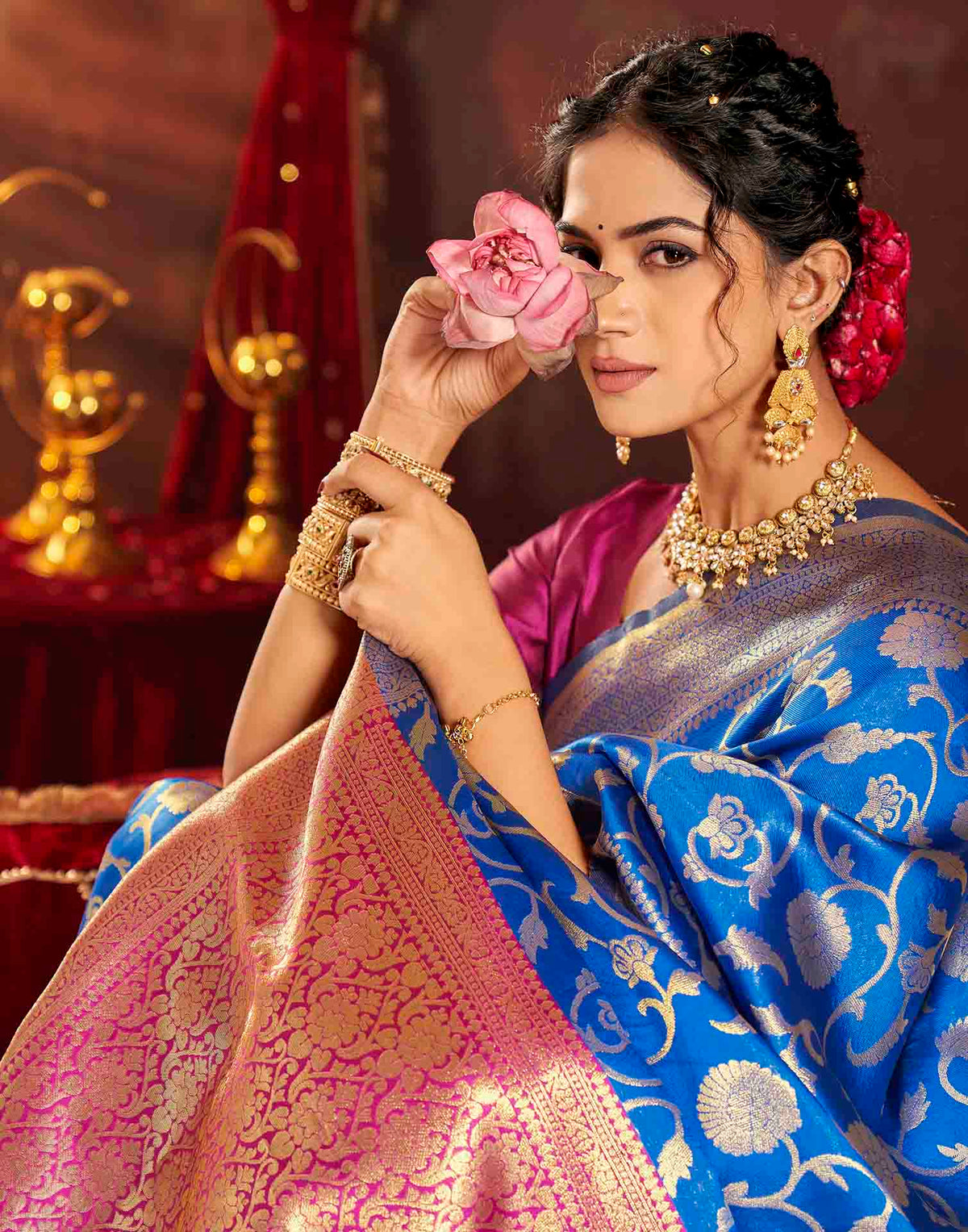 Dark Blue Silk Woven Banarasi Saree