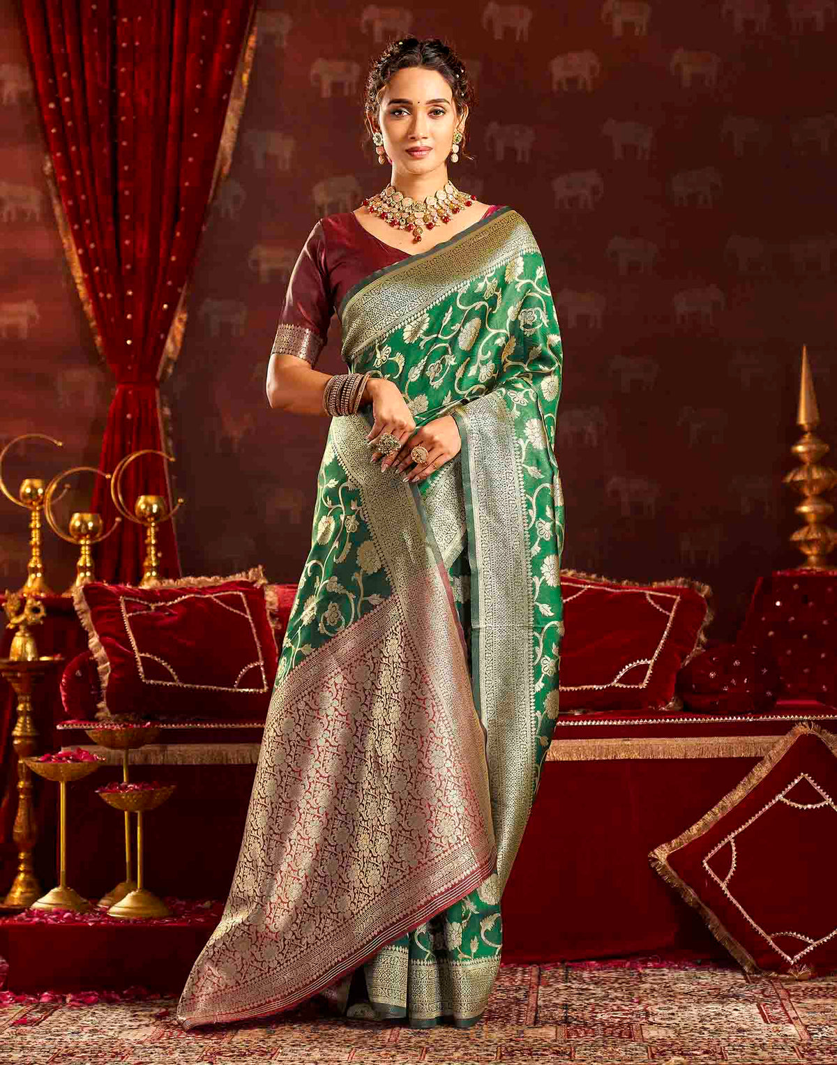 Dark Green Silk Woven Banarasi Saree