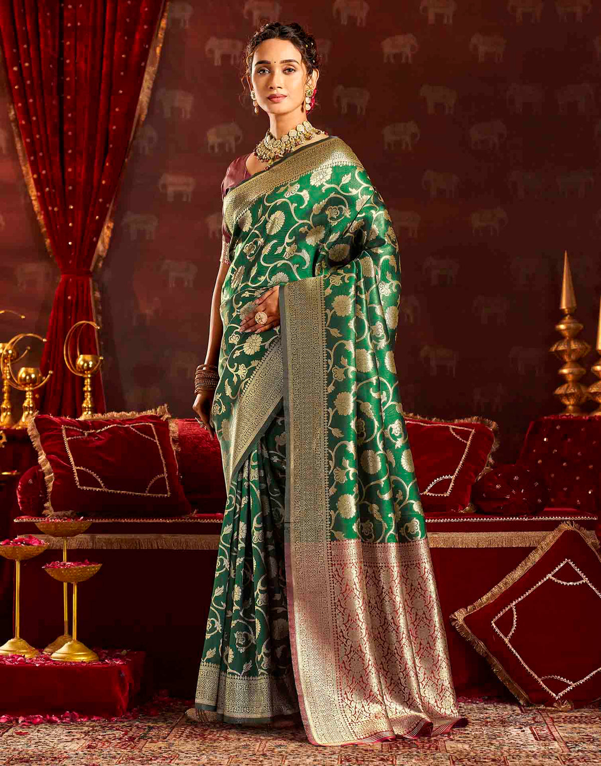 Dark Green Silk Woven Banarasi Saree
