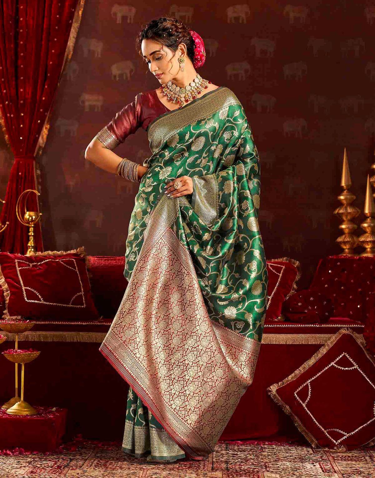 Dark Green Silk Woven Banarasi Saree