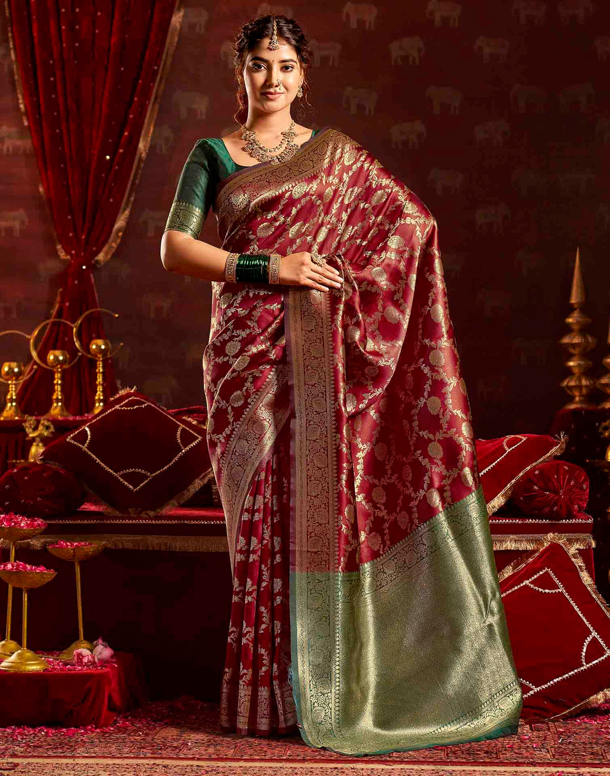 Maroon Silk Woven Banarasi Saree
