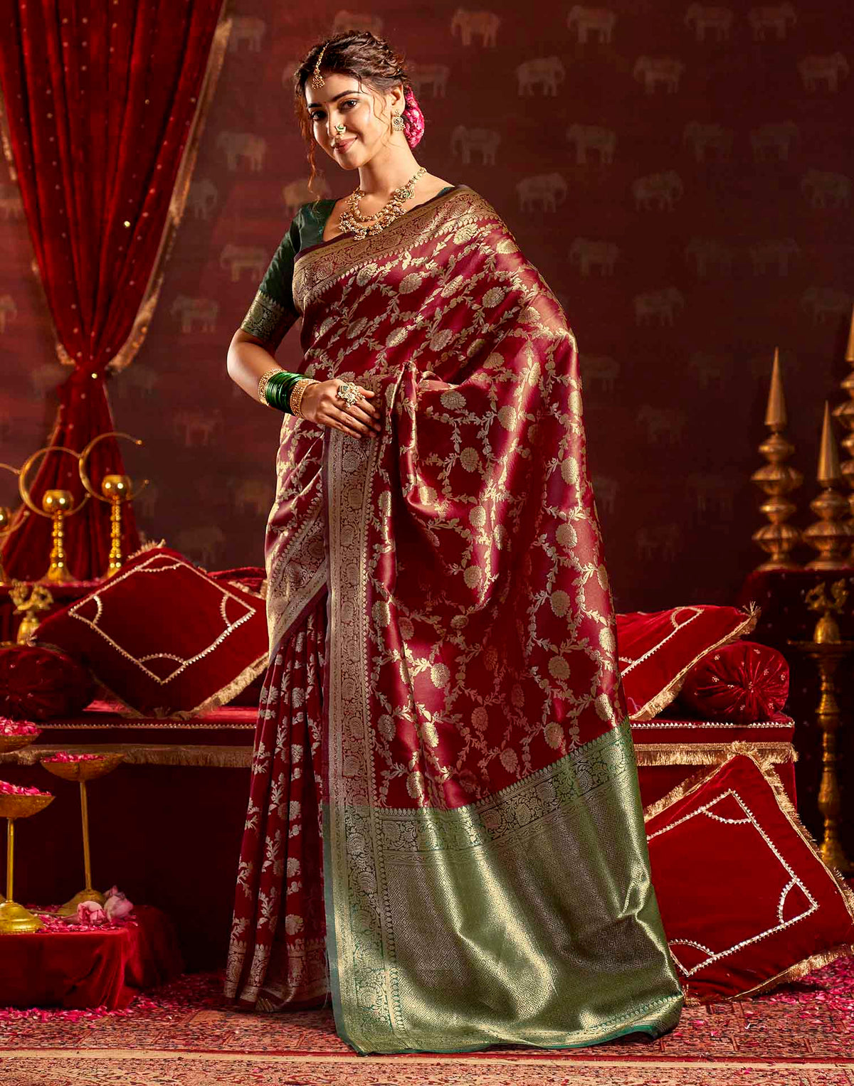 Maroon Silk Woven Banarasi Saree