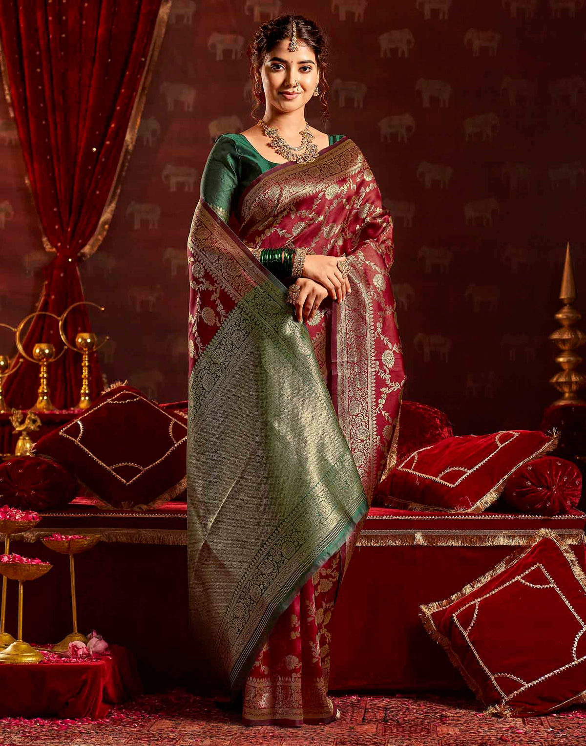 Maroon Silk Woven Banarasi Saree