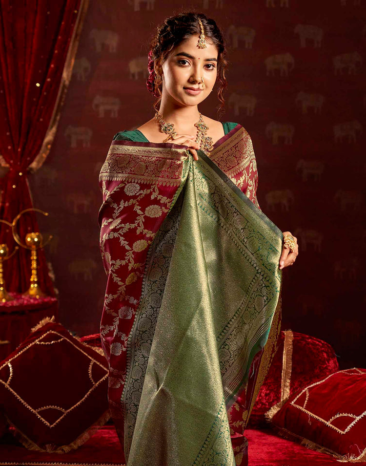 Maroon Silk Woven Banarasi Saree