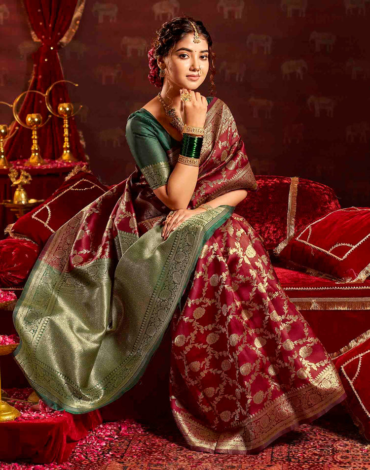 Maroon Silk Woven Banarasi Saree