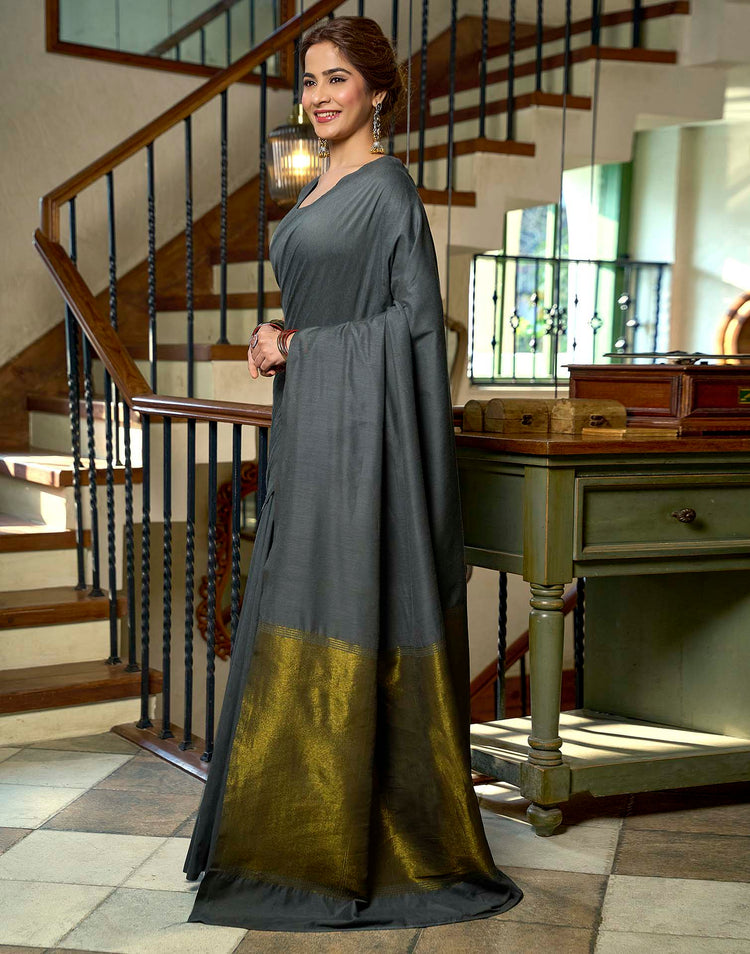 Charcoal Grey Cotton Woven Kanjivaram Saree
