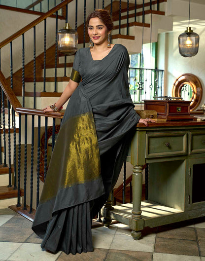 Charcoal Grey Cotton Woven Kanjivaram Saree