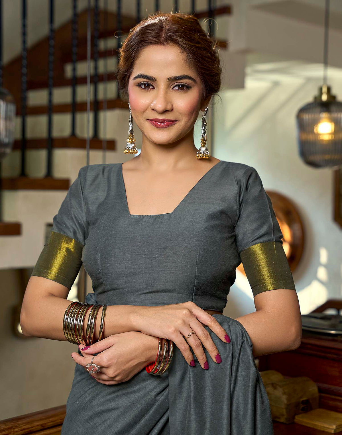 Charcoal Grey Cotton Woven Kanjivaram Saree