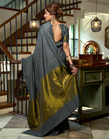 Charcoal Grey Cotton Woven Kanjivaram Saree