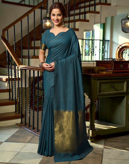 Teal Blue Cotton Woven Kanjivaram Saree