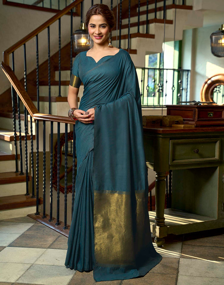 Teal Blue Cotton Woven Kanjivaram Saree