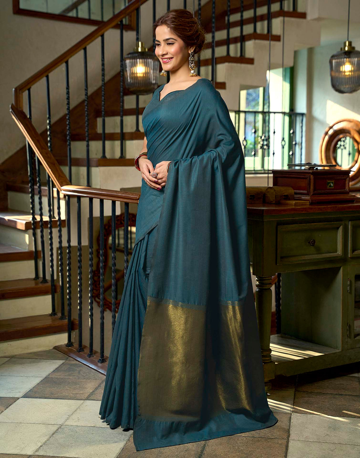 Teal Blue Cotton Woven Kanjivaram Saree