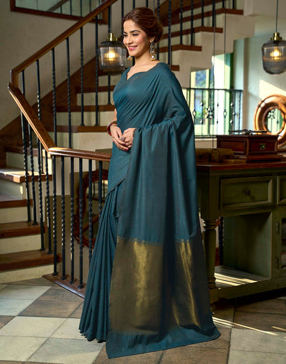 Teal Blue Cotton Woven Kanjivaram Saree