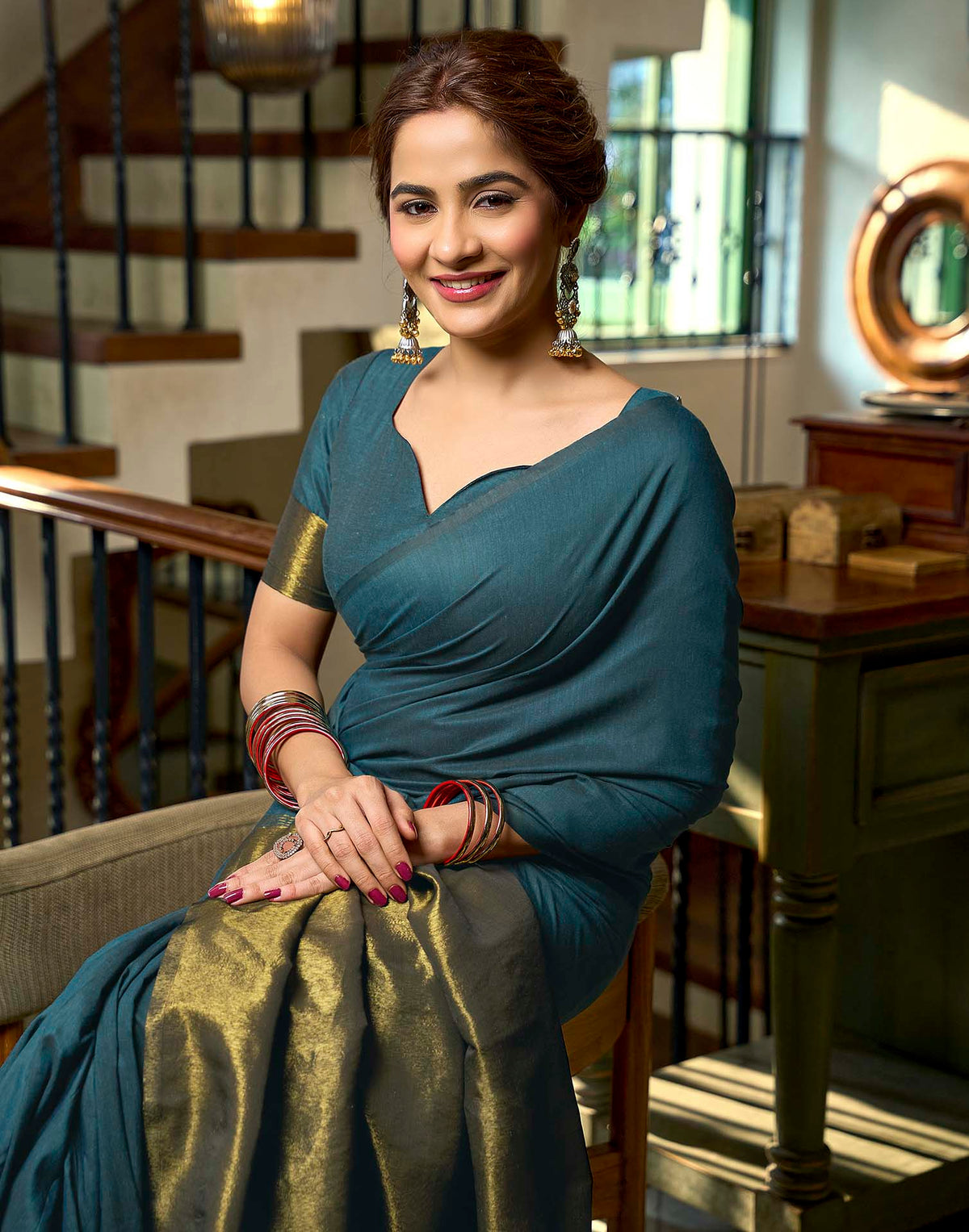 Teal Blue Cotton Woven Kanjivaram Saree