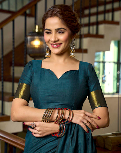 Teal Blue Cotton Woven Kanjivaram Saree