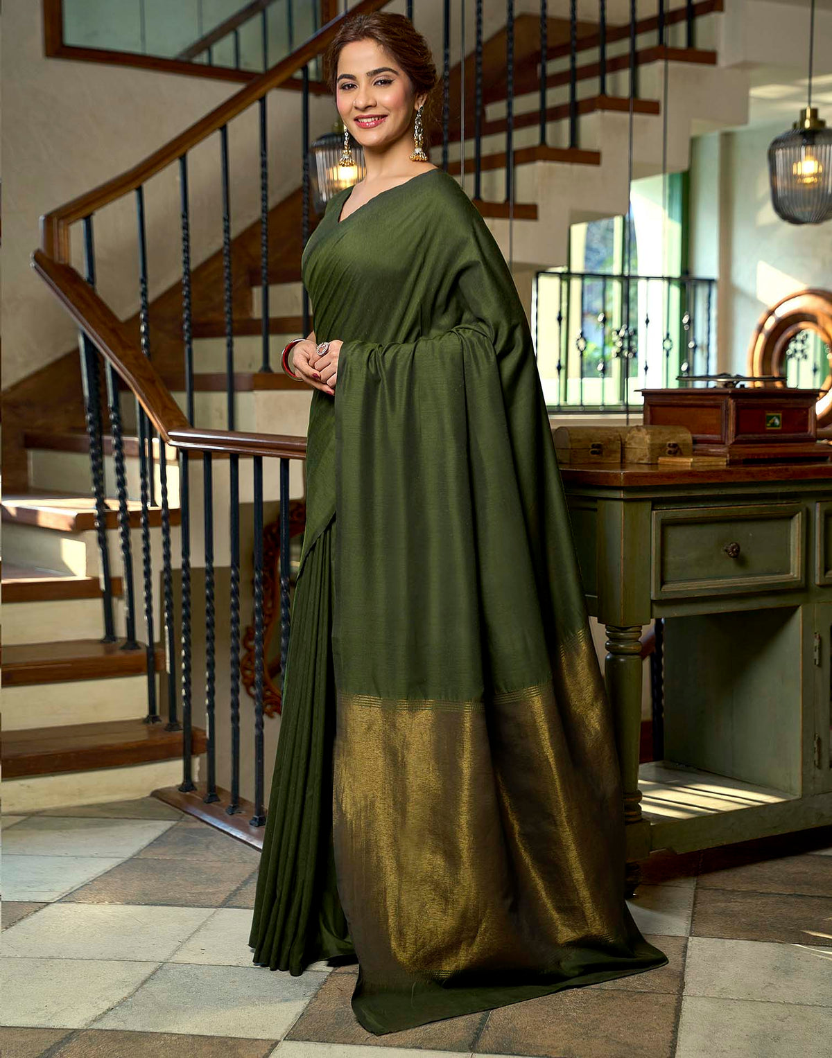 Moss Green Cotton Woven Kanjivaram Saree