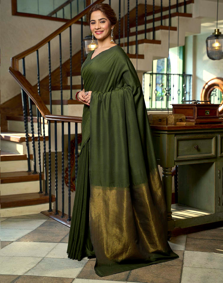 Moss Green Cotton Woven Kanjivaram Saree