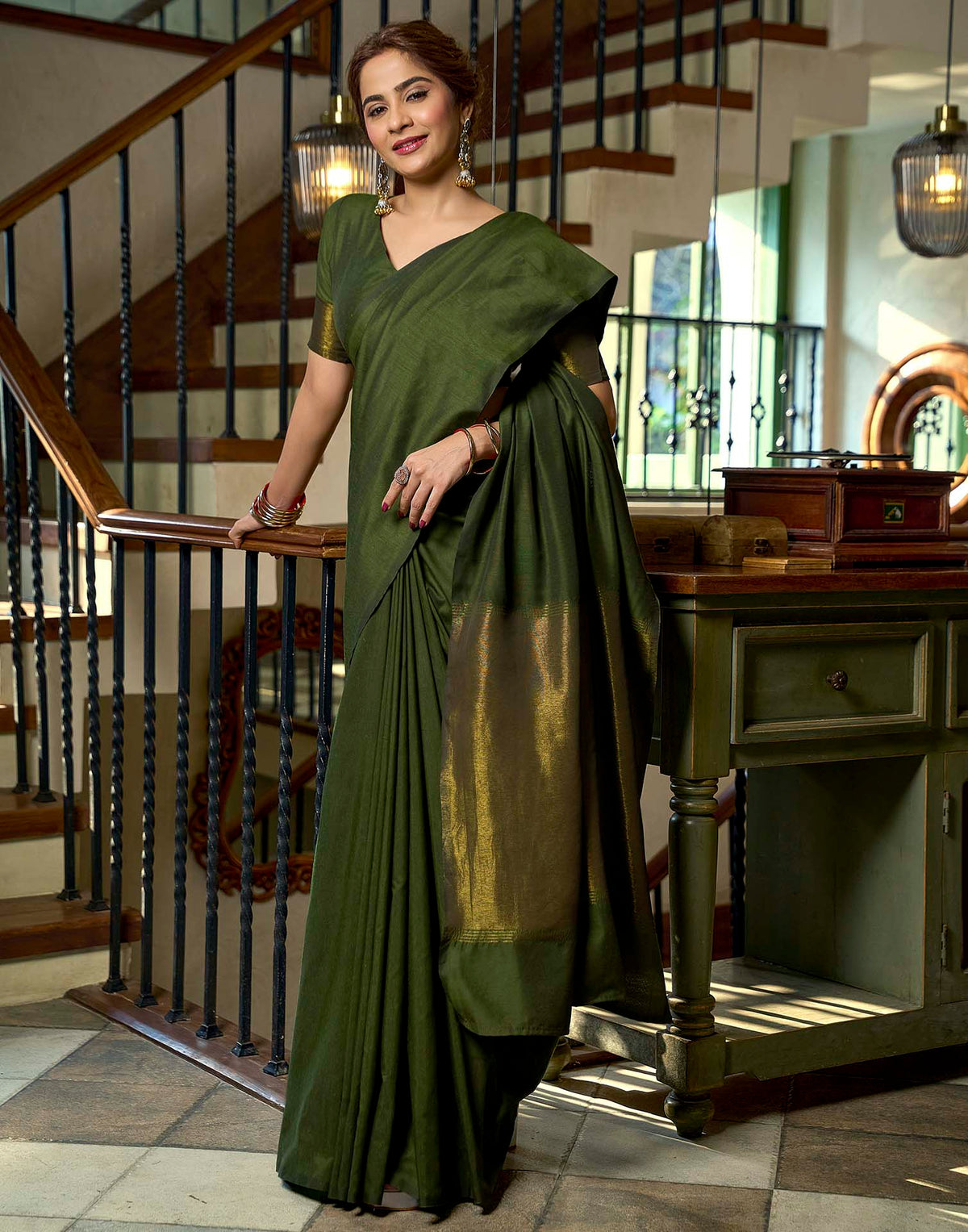 Moss Green Cotton Woven Kanjivaram Saree