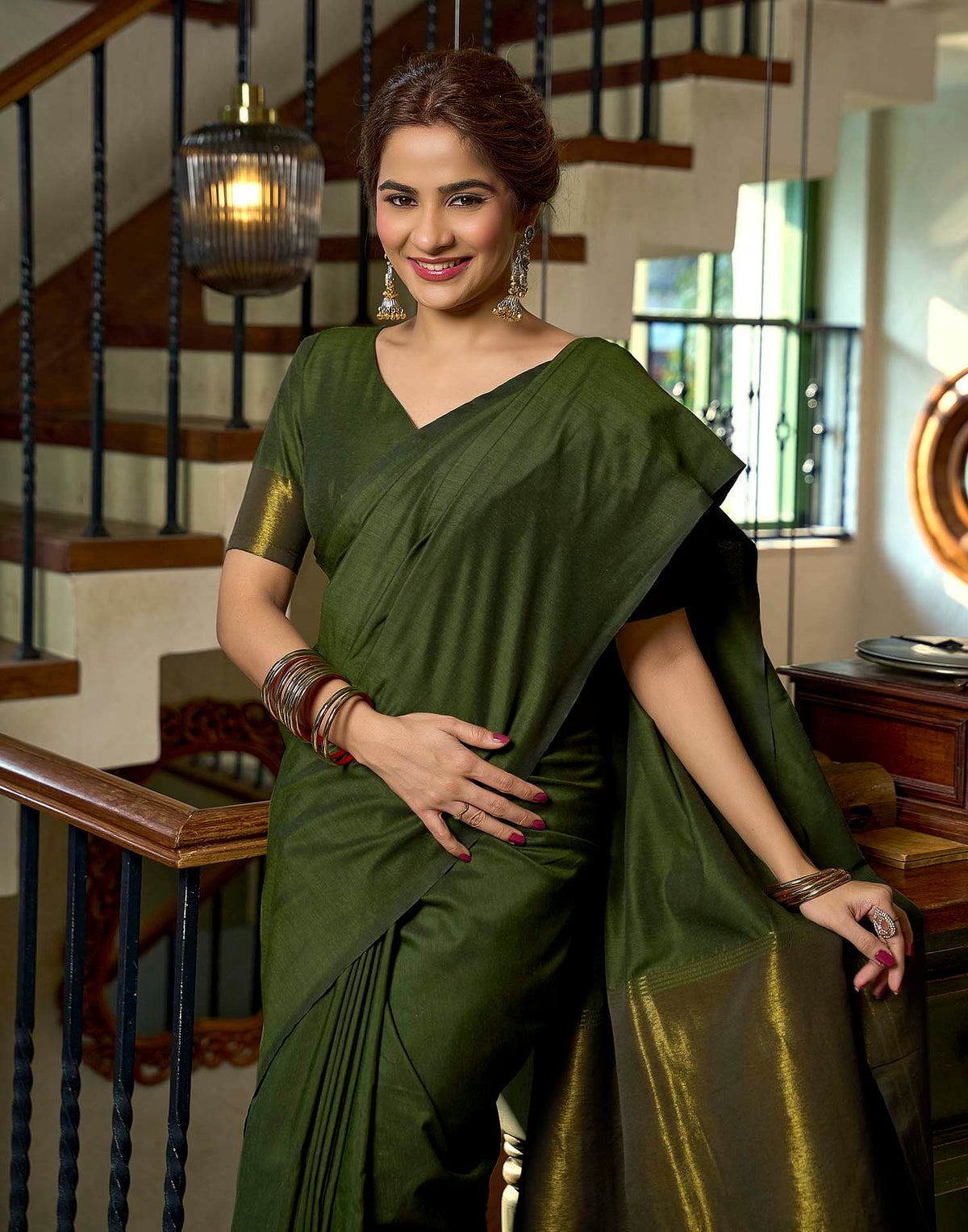 Moss Green Cotton Woven Kanjivaram Saree