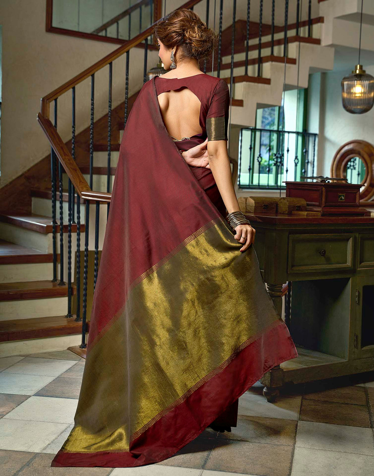 Deep Maroon Cotton Woven Kanjivaram Saree