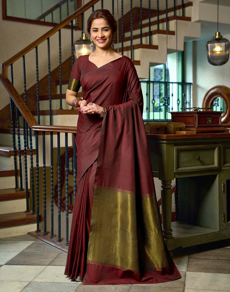 Deep Maroon Cotton Woven Kanjivaram Saree