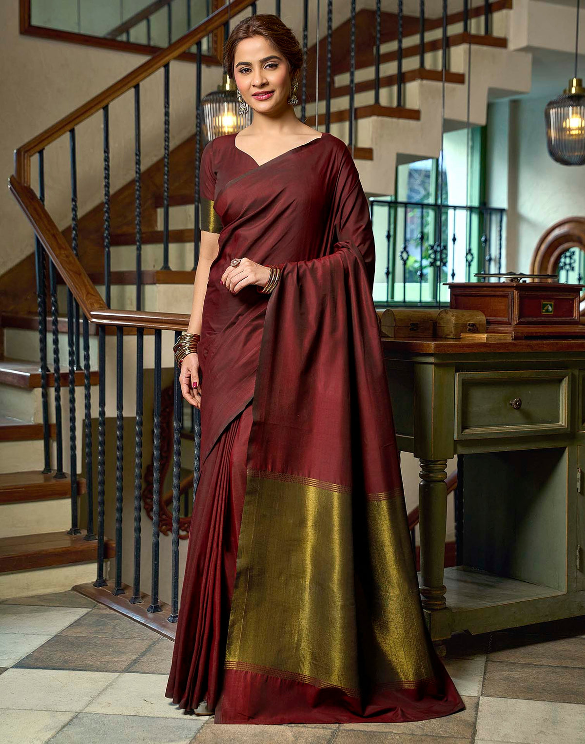 Deep Maroon Cotton Woven Kanjivaram Saree