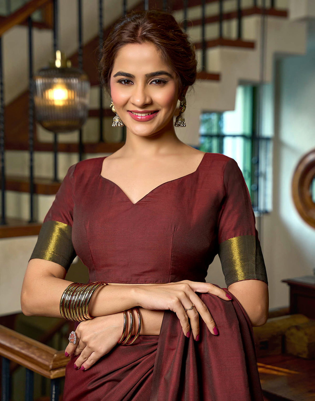 Deep Maroon Cotton Woven Kanjivaram Saree